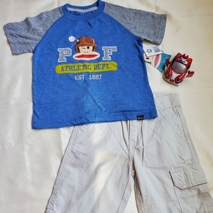Levi's khaki shorts and Paul Frank Shirt